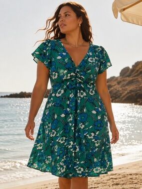 CAbi Green Floral Interchangeable Dress with Blue and White Blooms Size XL